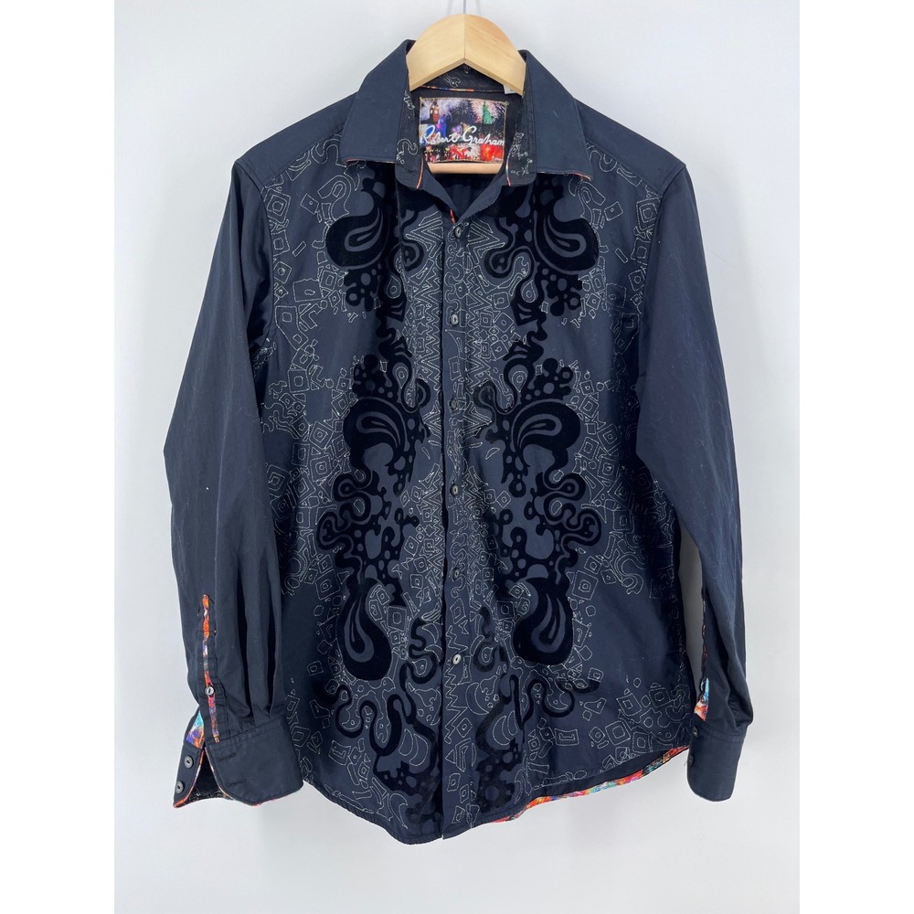 Robert Graham Mens Black Velvet Flocked Paisley Embroidered Button Down Shirt M